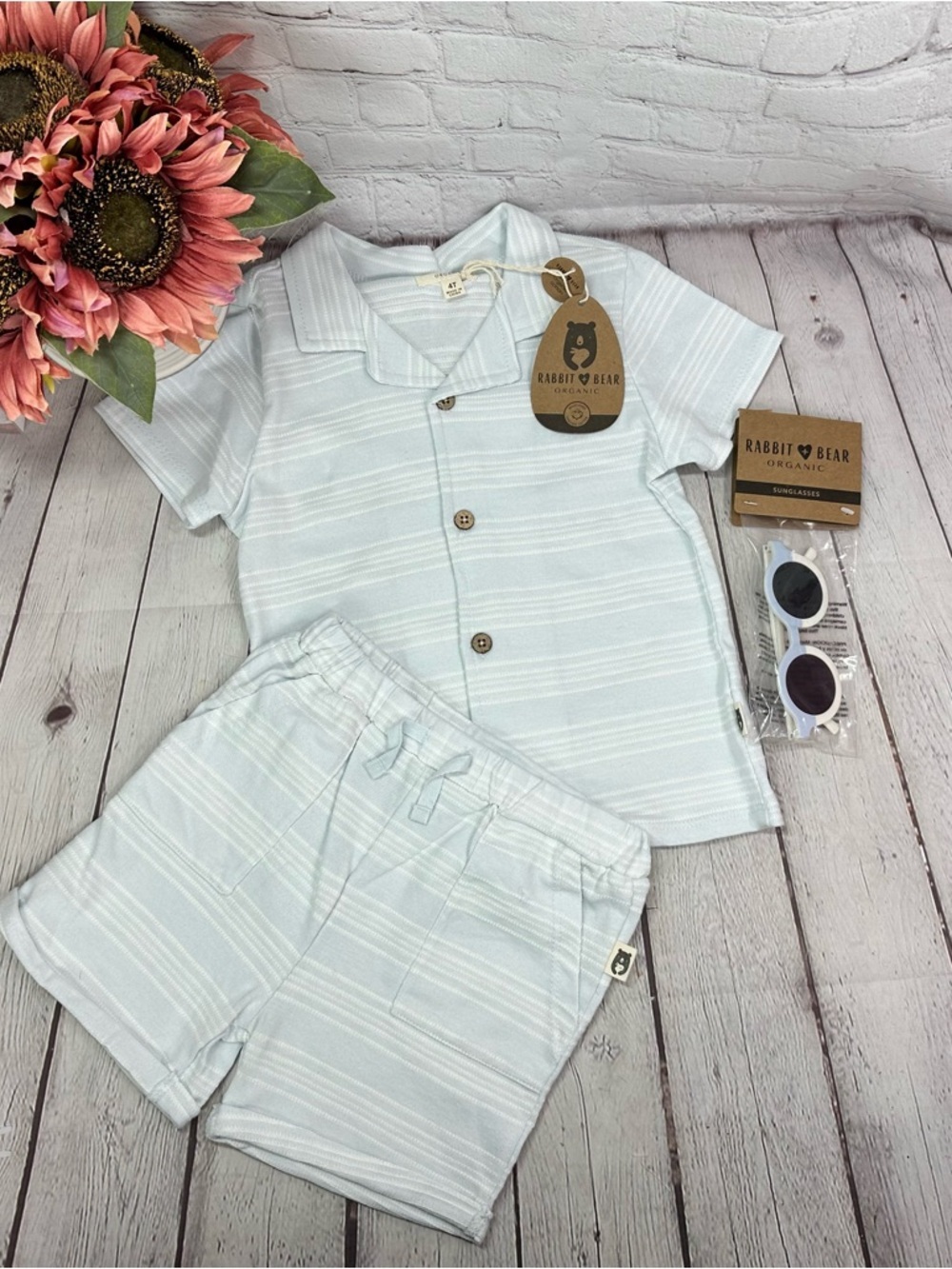 NWT Rabbit & Bear Organic Light Blue Stripe short Set 3pc organic minimalist 4T